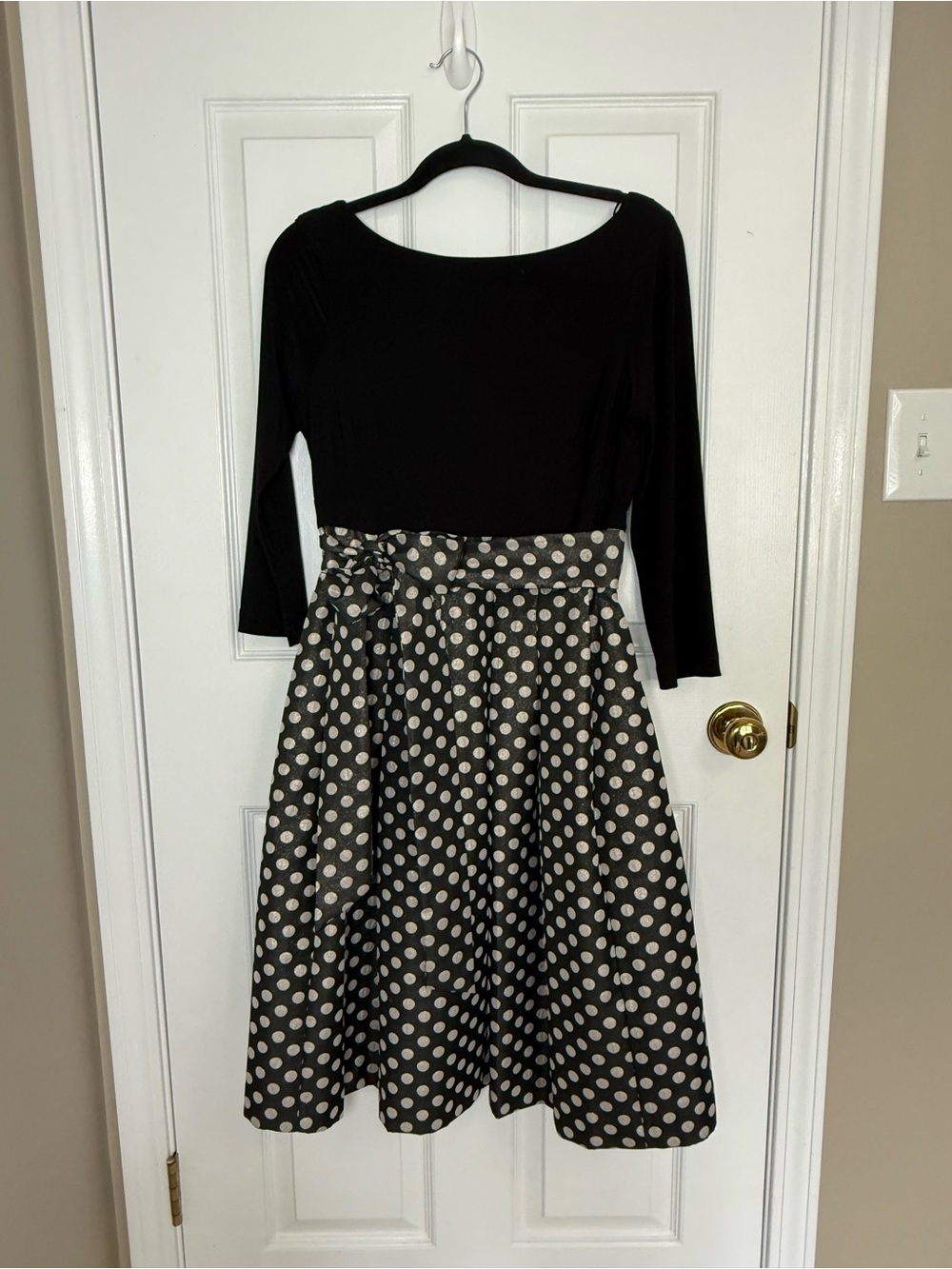 Eliza J Black Top with White Polka Dot Gold Shimmer Midi Dress